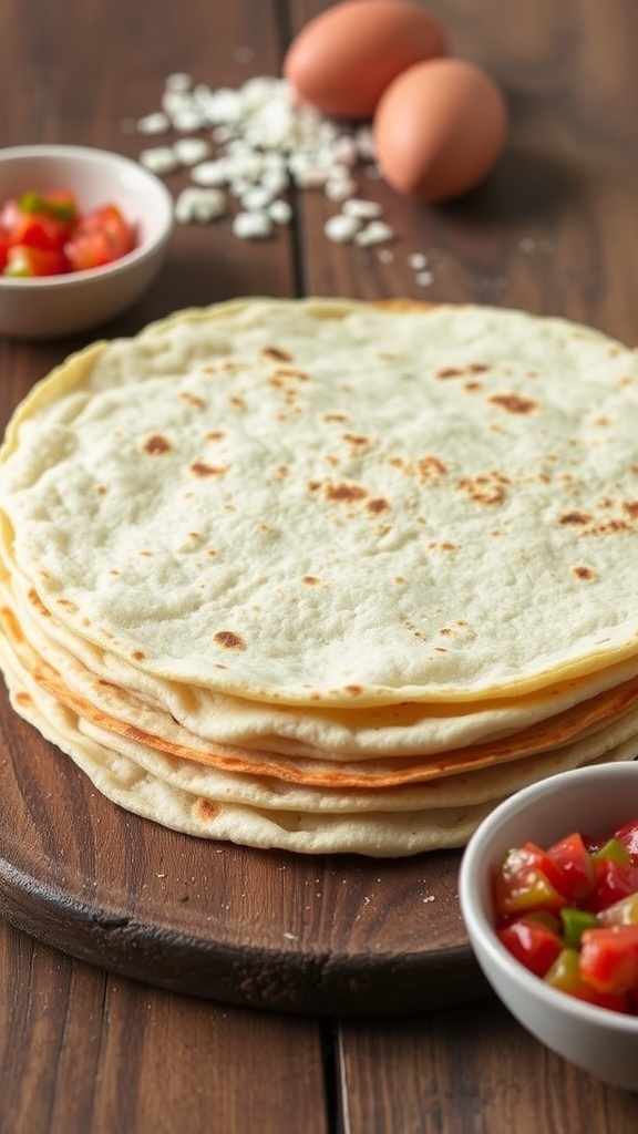A stack of golden almond flour tortillas on a wooden table with salsa and ingredients in the background.